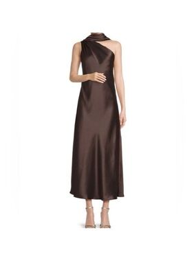 Renee C. One-Shoulder Satin Maxi Dress in Chocolate Brown